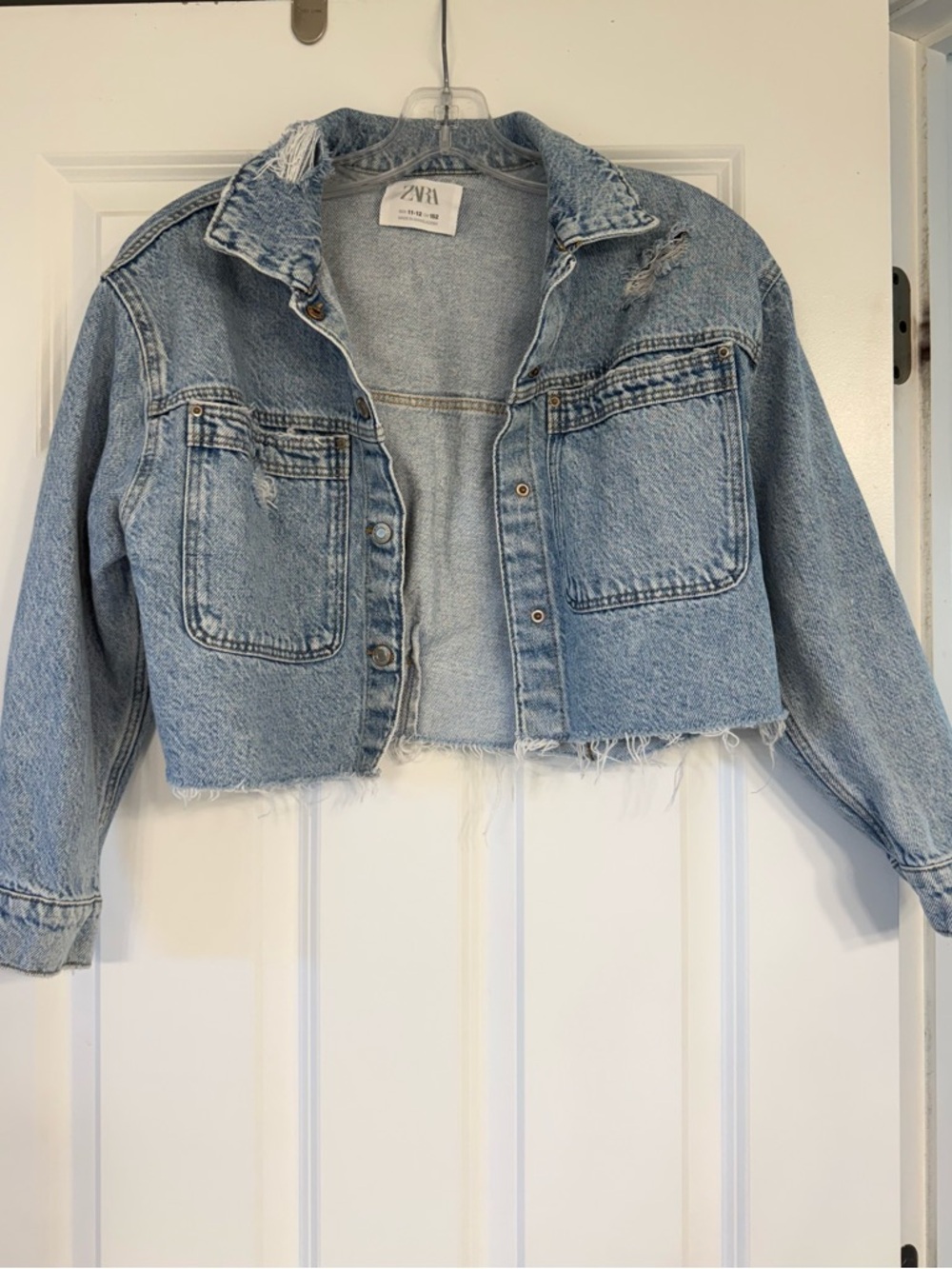 Zara Light Blue Cropped Distressed Denim Jacket